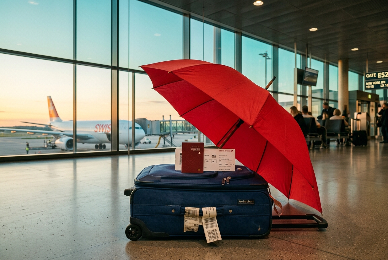 Reiseversicherung Schweiz im Vergleich: Koffer und Pass unter rotem Schirm am Flughafen